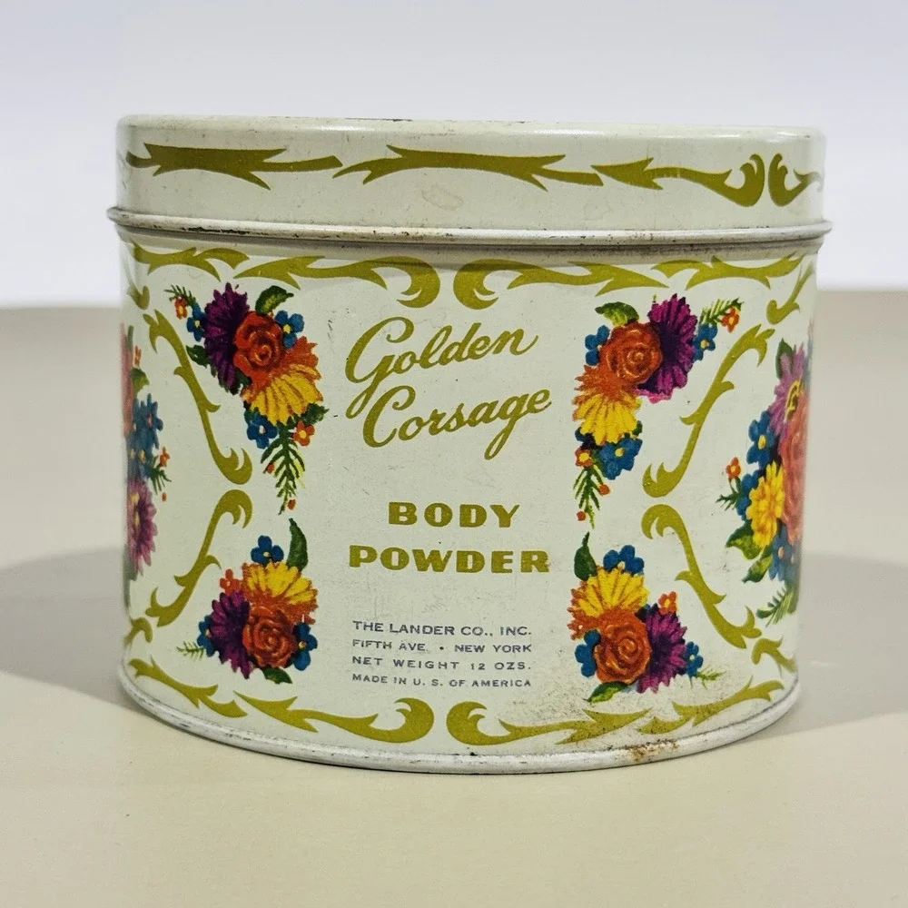 Vintage The Lander Co 5th Avenue Golden‎ Corsage Body Powder Tin W Contents